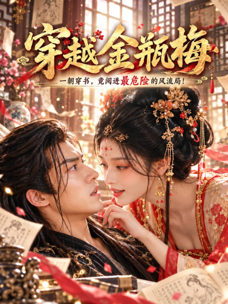 古装短剧海报：男女主角在花窗与书页间对视，色调偏红金