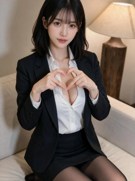都市题材短剧海报：穿黑色西装的女生在灯下抬手比心